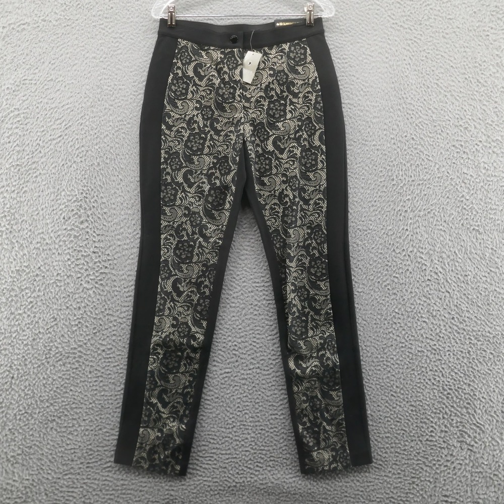 NWT Chicos So Slimming Lace Panel Ponte Pants 0 Size 4 Black Beige Womens Floral